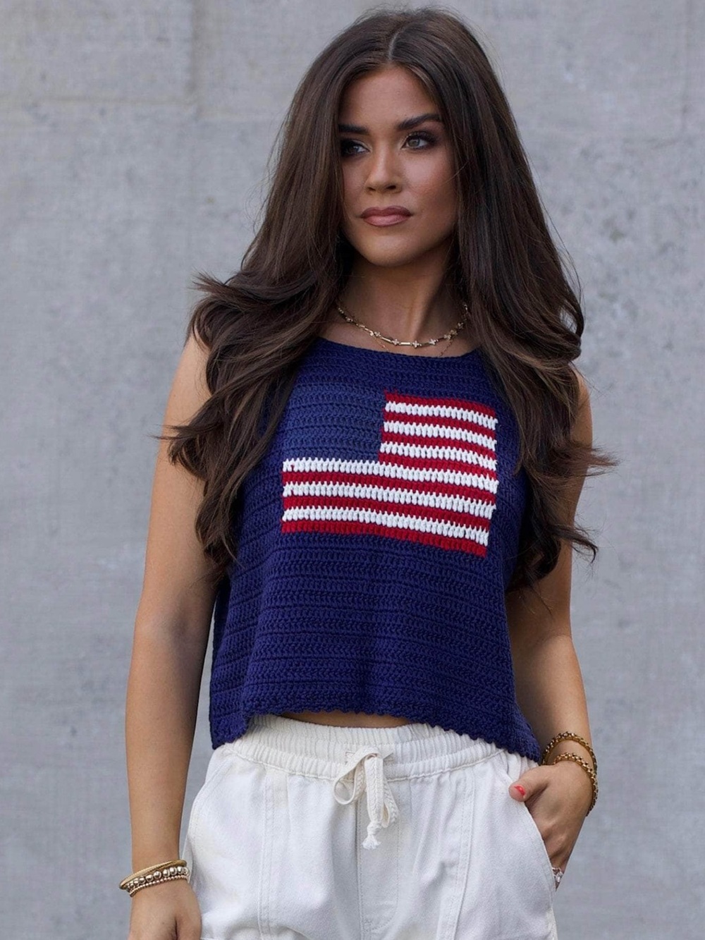 Navy Crochet Crop Tank Top with Flag Motif - Women